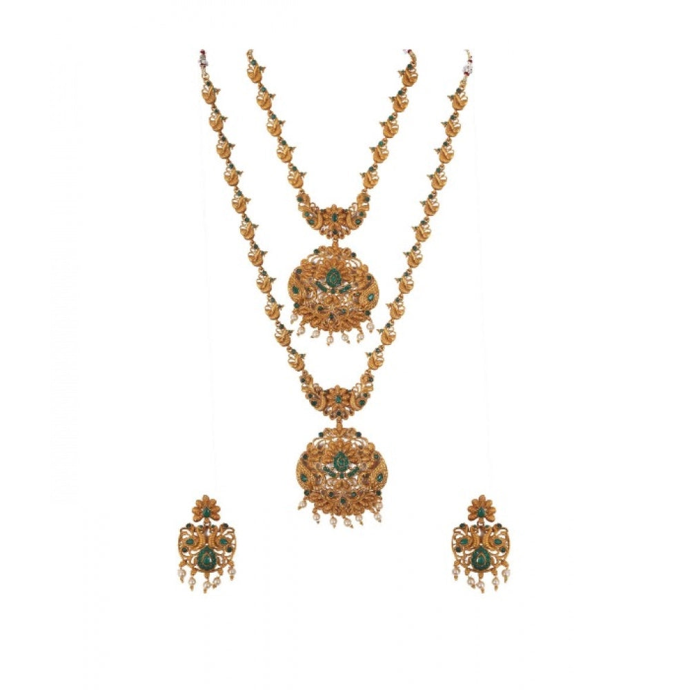 Snuggle Lifestyle Co. Women's Elegent And Modern Double Line Temple Jewellery Set (Green, Free Size)