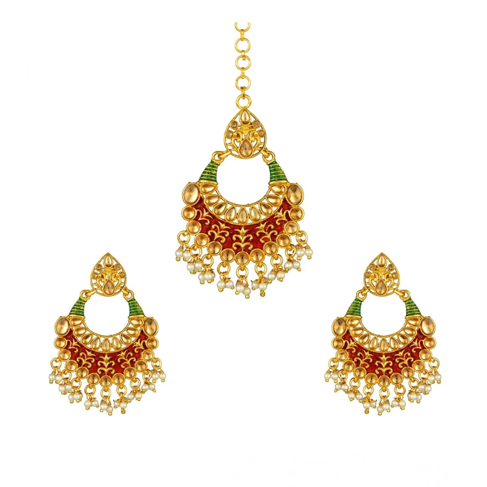 Snuggle Lifestyle Co. Women's Rose Gold Plated Alloy Kundan Earrings &amp; Mangtikka (Red &amp; Green)