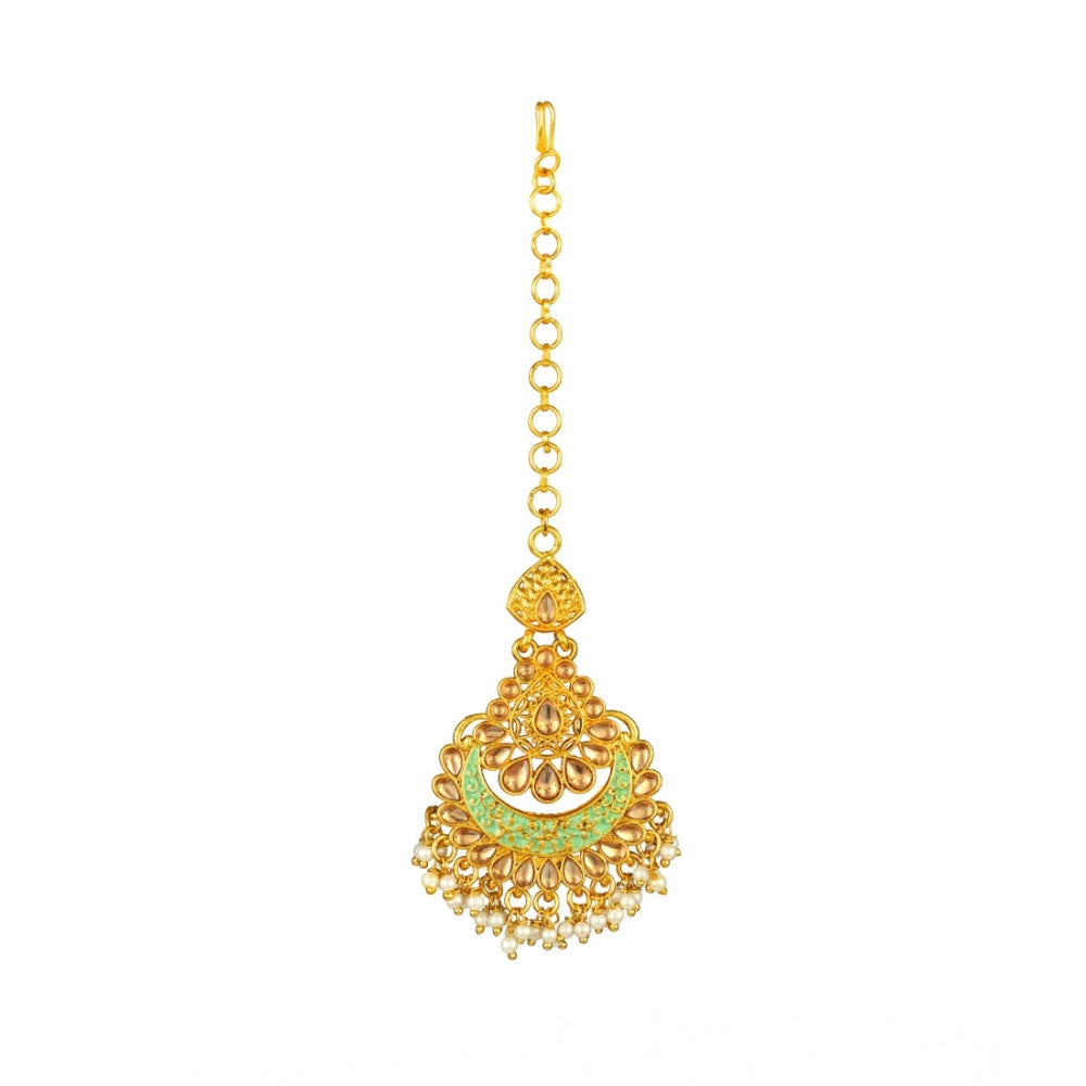 Snuggle Lifestyle Co. Women's Rose Gold Plated Alloy Kundan Earrings &amp; Mangtikka (Green)