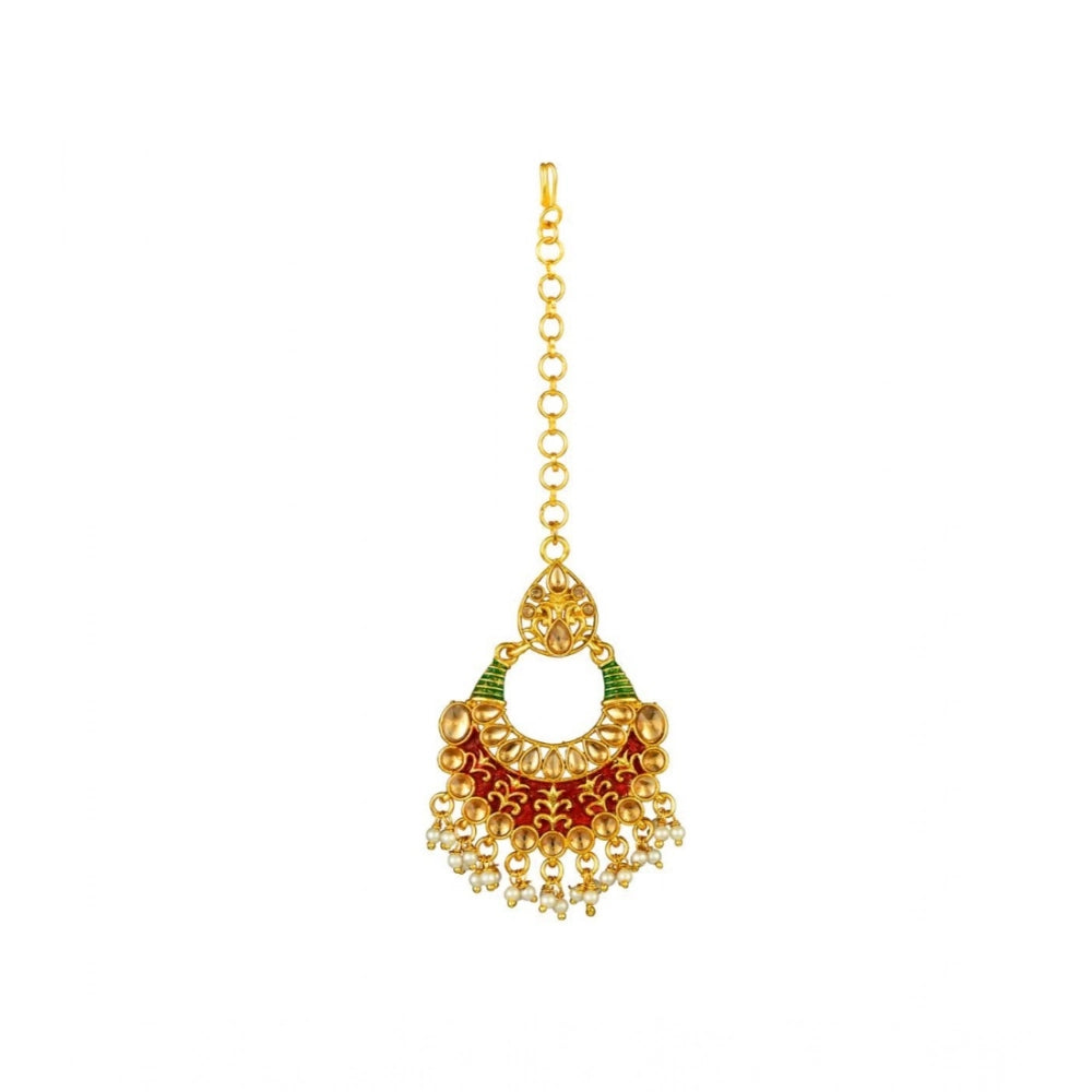 Snuggle Lifestyle Co. Women's Rose Gold Plated Alloy Kundan Earrings &amp; Mangtikka (Red &amp; Green)