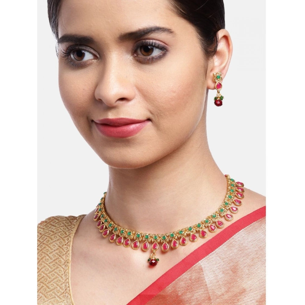 Snuggle Lifestyle Co. Women's Rose Gold Plated Alloy Necklace &amp; Earings Set (Green &amp; Red)