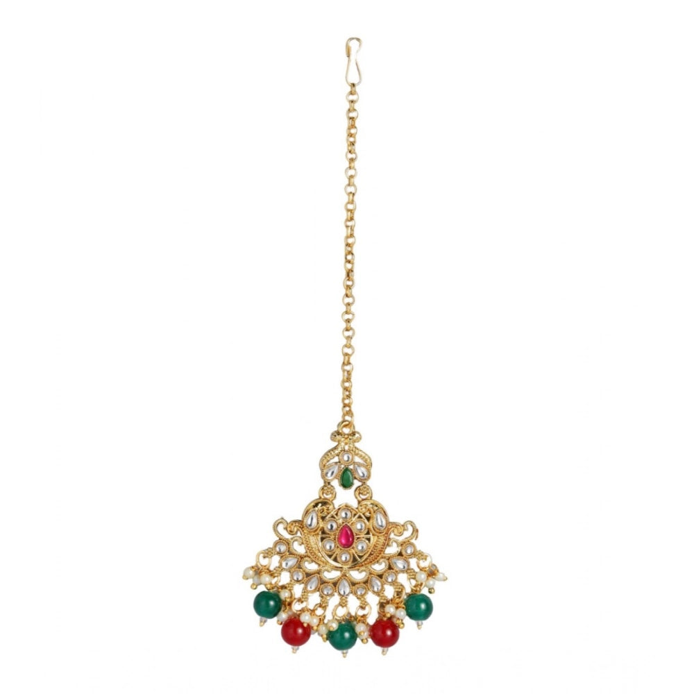 Snuggle Lifestyle Co. Women's Rose Gold Plated Alloy Kundan Earrings &amp; Mangtikka (Red &amp; Green)