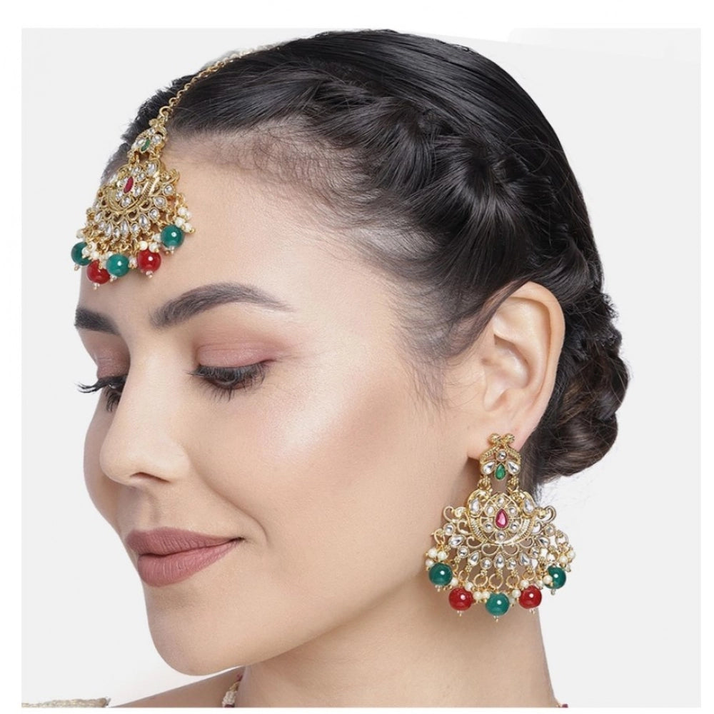 Snuggle Lifestyle Co. Women's Rose Gold Plated Alloy Kundan Earrings &amp; Mangtikka (Red &amp; Green)