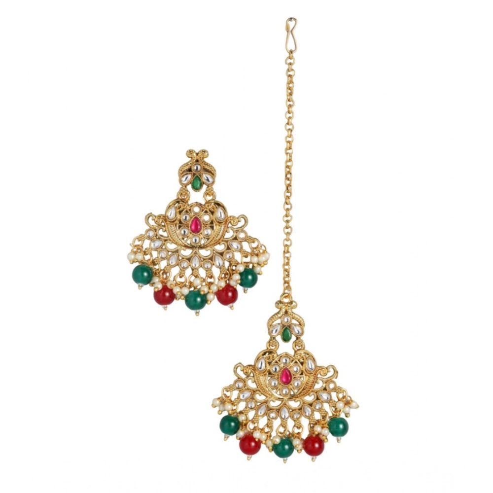 Snuggle Lifestyle Co. Women's Rose Gold Plated Alloy Kundan Earrings &amp; Mangtikka (Red &amp; Green)