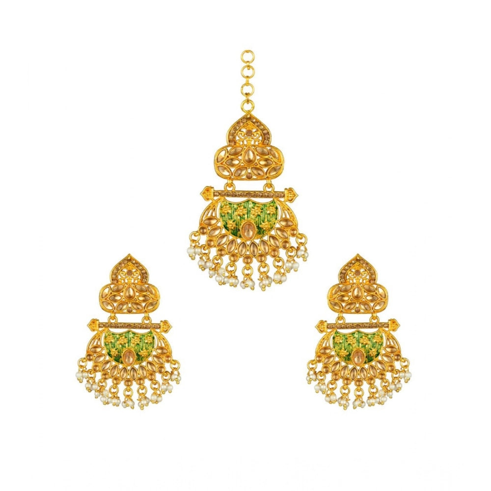 Snuggle Lifestyle Co. Women's Rose Gold Plated Alloy Kundan Earrings &amp; Mangtikka (Green)