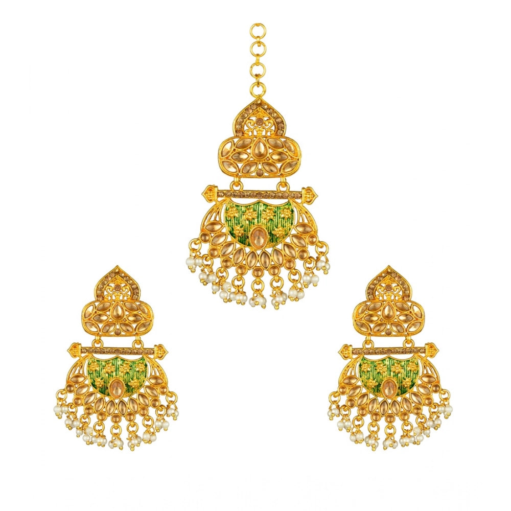 Snuggle Lifestyle Co. Women's Rose Gold Plated Alloy Kundan Earrings &amp; Mangtikka (Green)