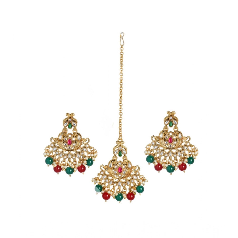 Snuggle Lifestyle Co. Women's Rose Gold Plated Alloy Kundan Earrings &amp; Mangtikka (Red &amp; Green)