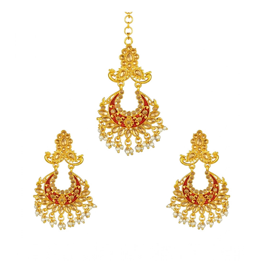 Snuggle Lifestyle Co. Women's Rose Gold Plated Alloy Kundan Earrings &amp; Mangtikka (Maroon)