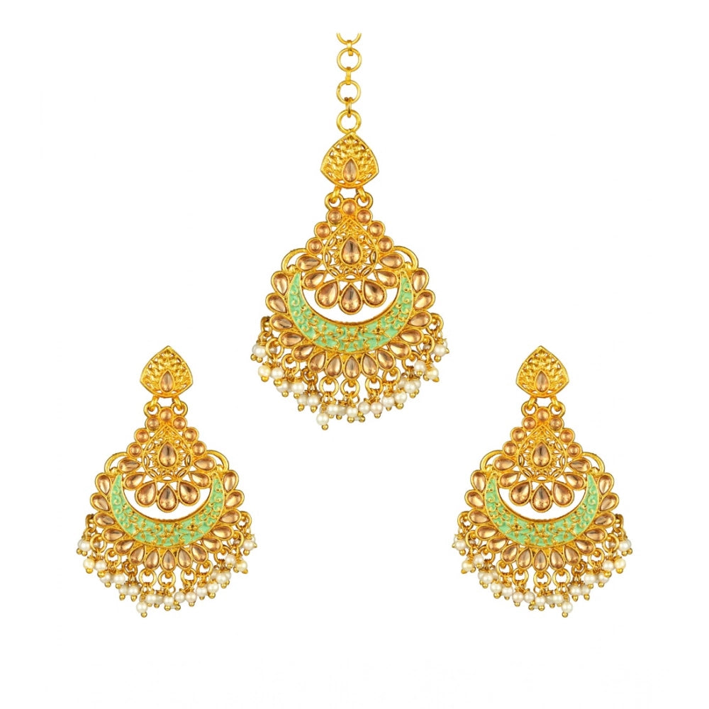 Snuggle Lifestyle Co. Women's Rose Gold Plated Alloy Kundan Earrings &amp; Mangtikka (Green)