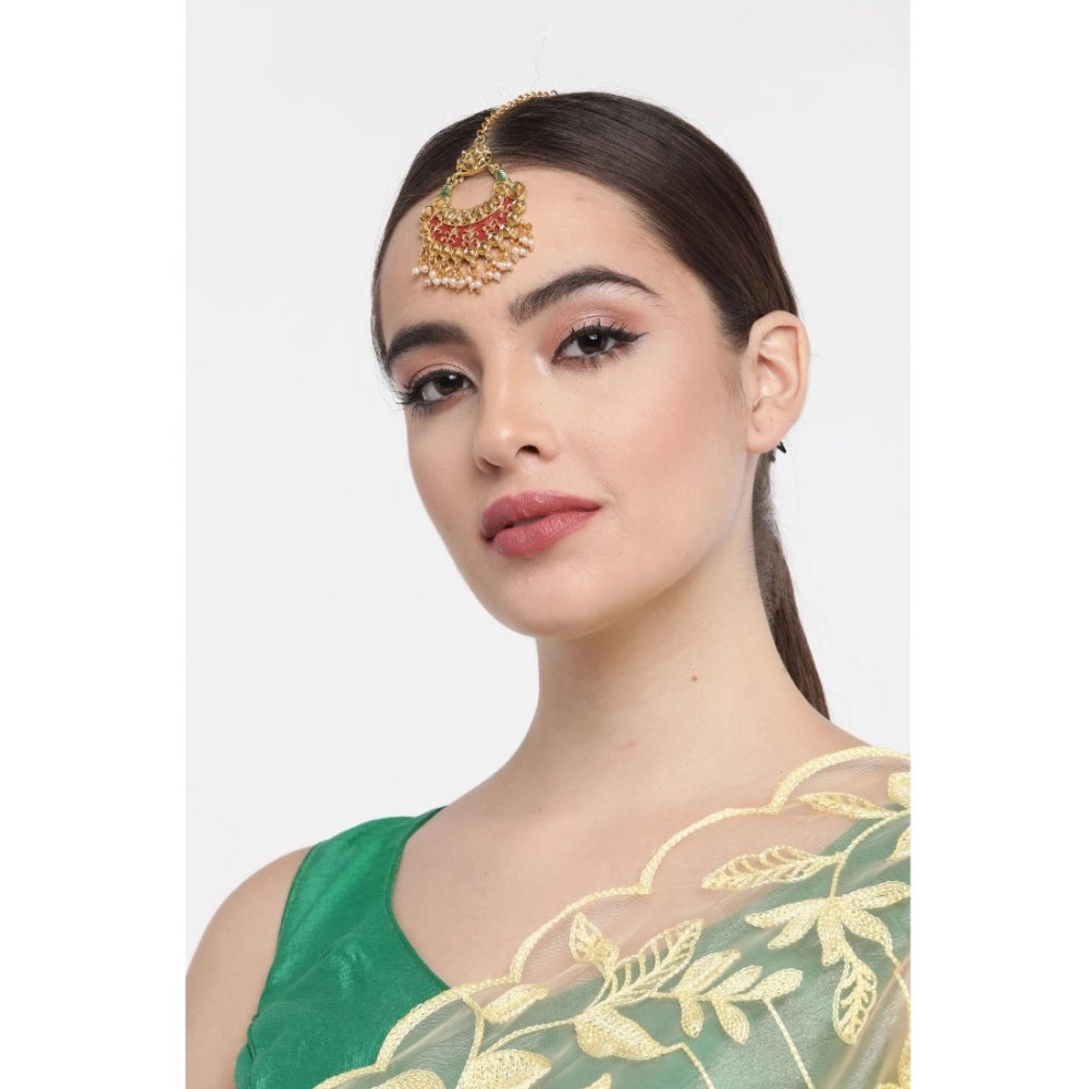 Snuggle Lifestyle Co. Women's Rose Gold Plated Alloy Kundan Earrings &amp; Mangtikka (Red &amp; Green)