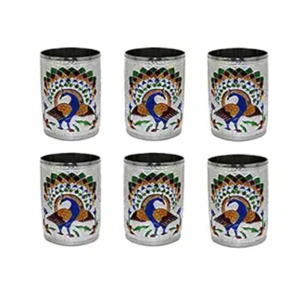 Snuggle Lifestyle Co. Steel Meenakari Peacock Design Decorative Glass Set (Silver)