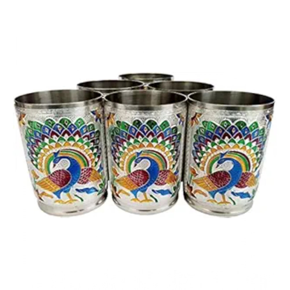 Snuggle Lifestyle Co. Steel Meenakari Peacock Design Decorative Glass Set (Silver)