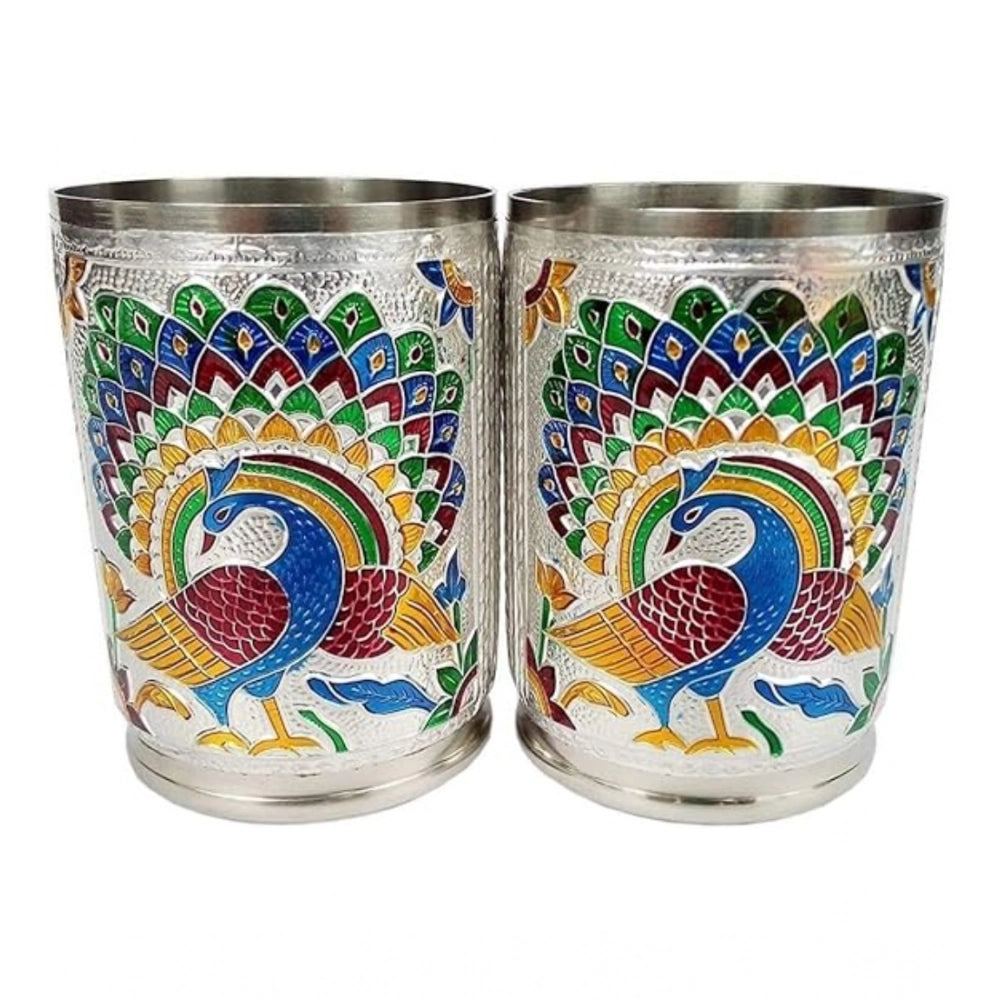 Snuggle Lifestyle Co. Steel Meenakari Peacock Design Decorative Glass Set (Silver)