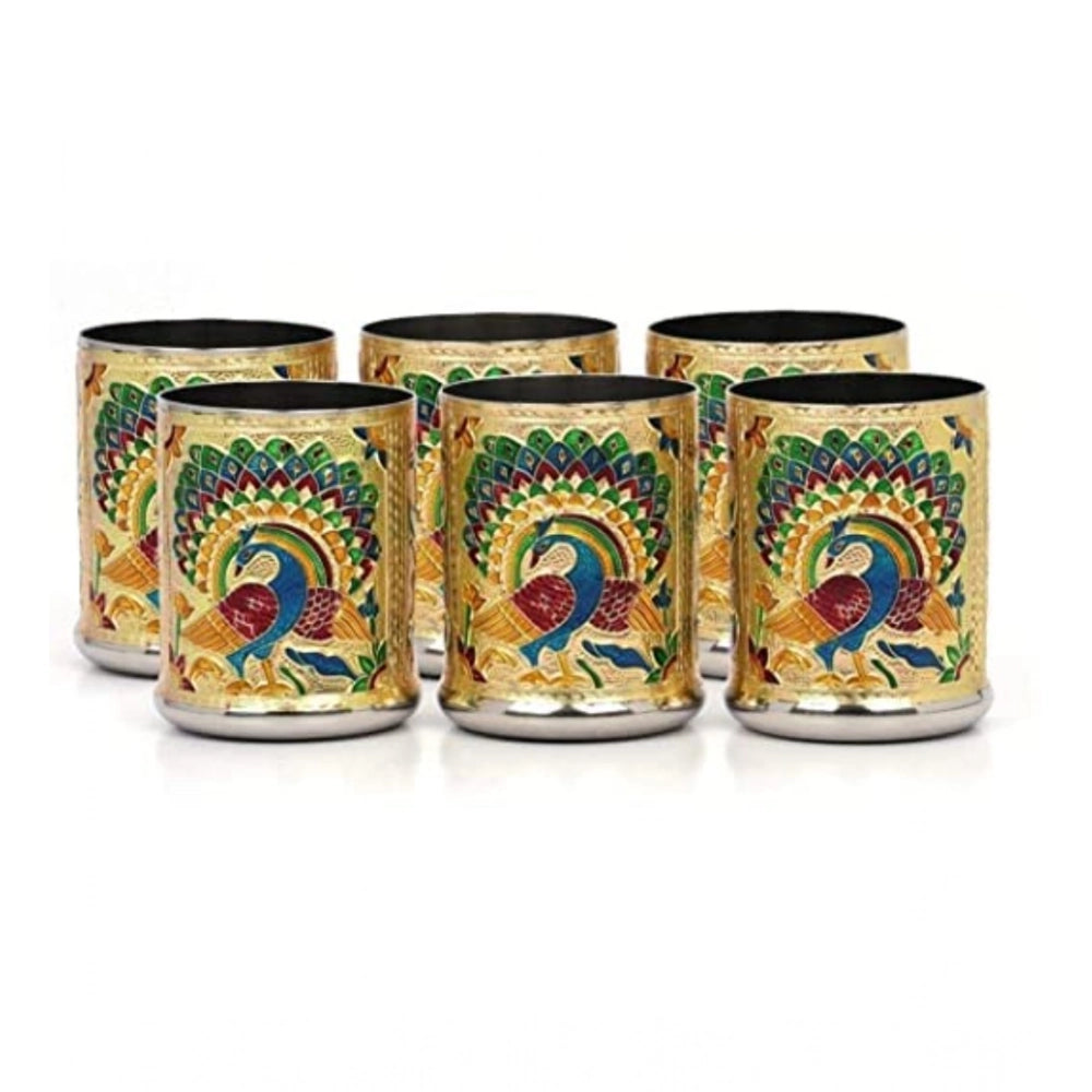 Snuggle Lifestyle Co. Steel Meenakari Peacock Design Decorative Glass Set (Gold)