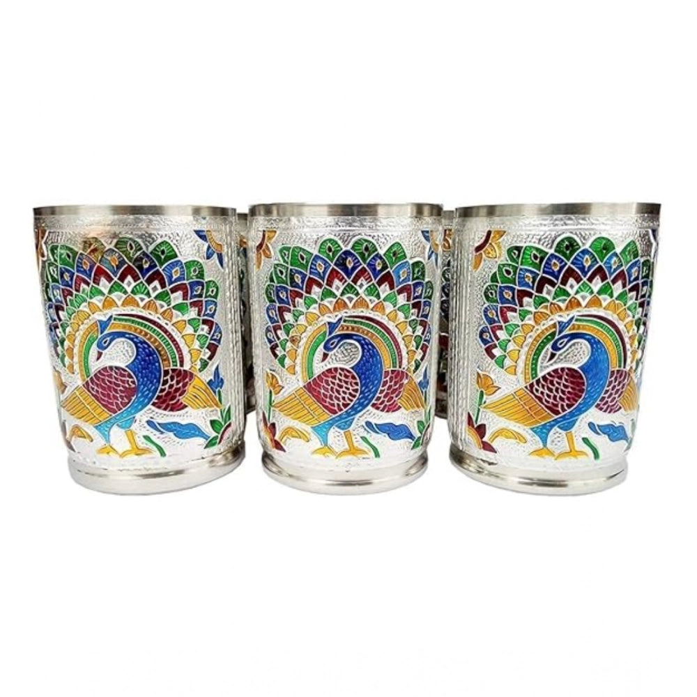 Snuggle Lifestyle Co. Steel Meenakari Peacock Design Decorative Glass Set (Silver)
