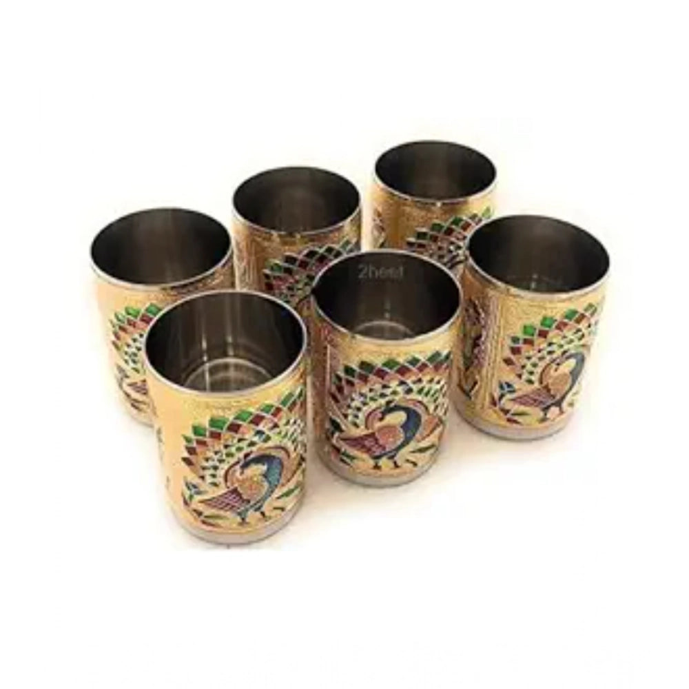 Snuggle Lifestyle Co. Steel Meenakari Peacock Design Decorative Glass Set (Gold)