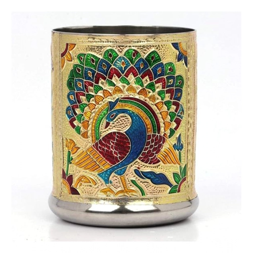 Snuggle Lifestyle Co. Steel Meenakari Peacock Design Decorative Glass Set (Gold)