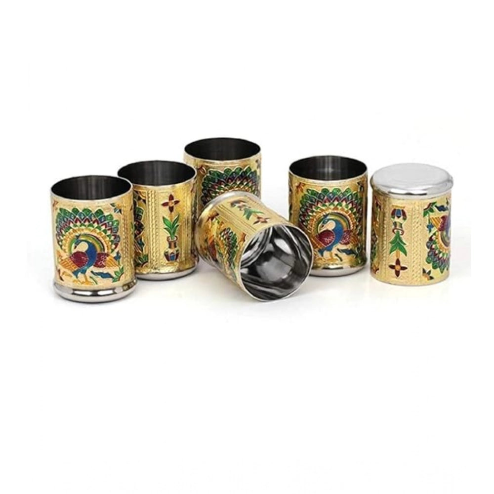 Snuggle Lifestyle Co. Steel Meenakari Peacock Design Decorative Glass Set (Gold)