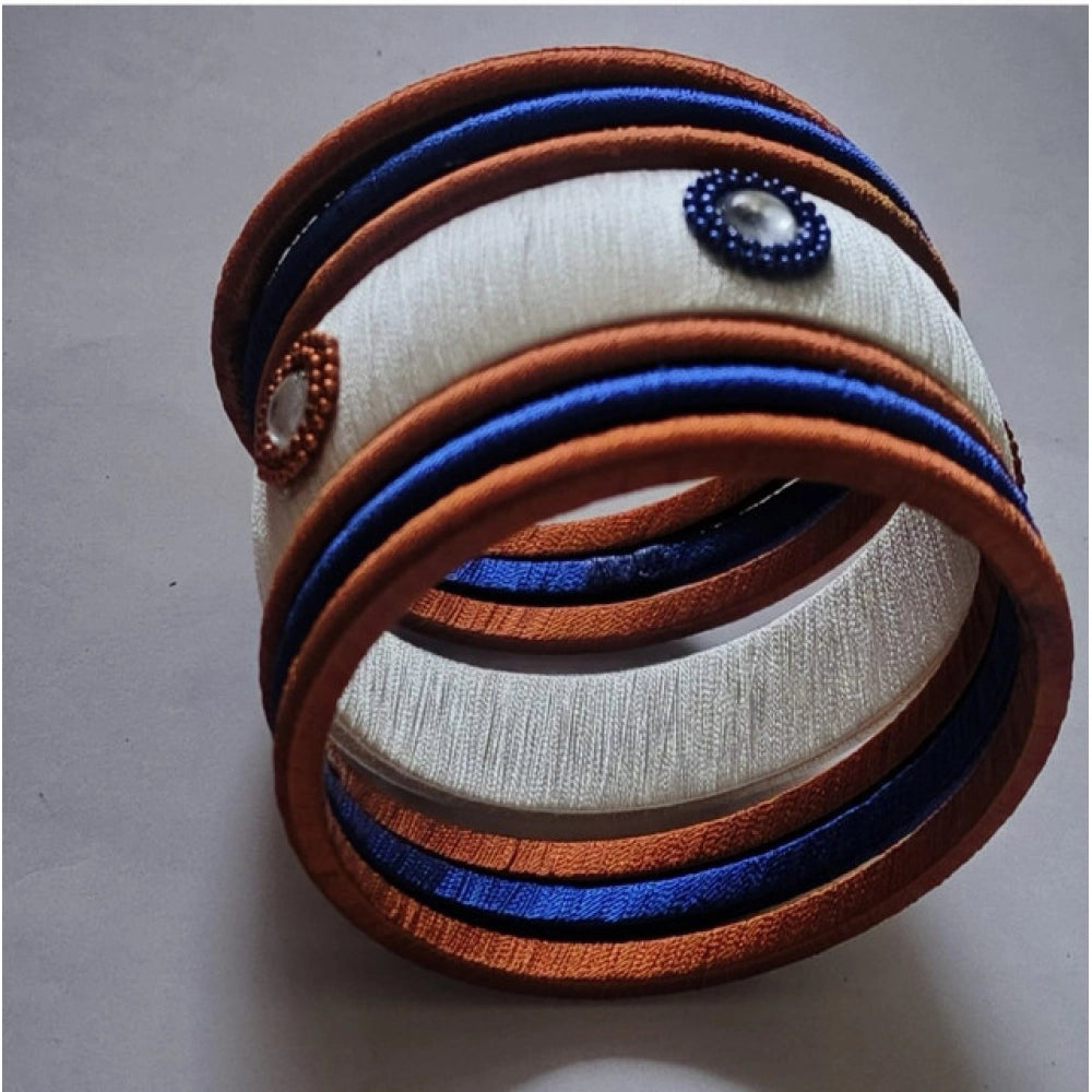 Snuggle Lifestyle Co. Women's Plastic Silk Thread Bangles (White-Brown-Blue, Size: 2.8)