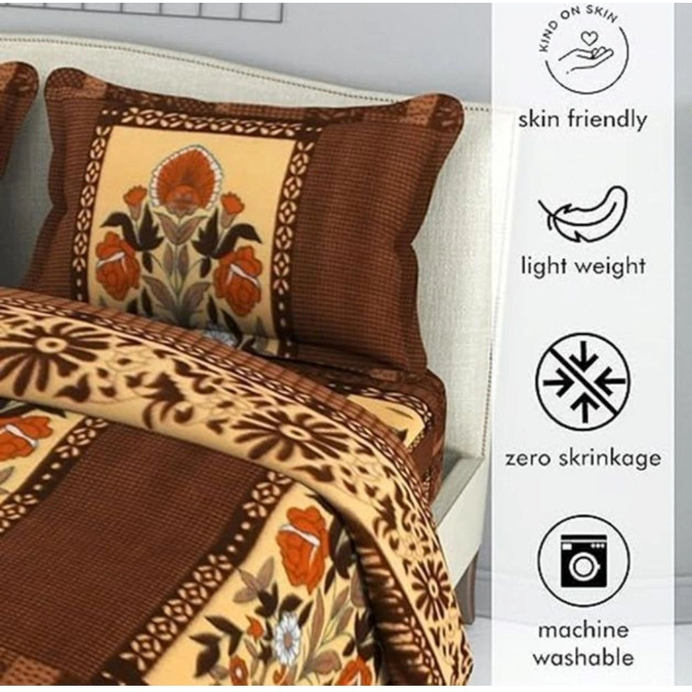 Snuggle Lifestyle Co. Fleece Floral Printed Double Polar Warm Bedsheet with 2 Pillow Cover (Brown)