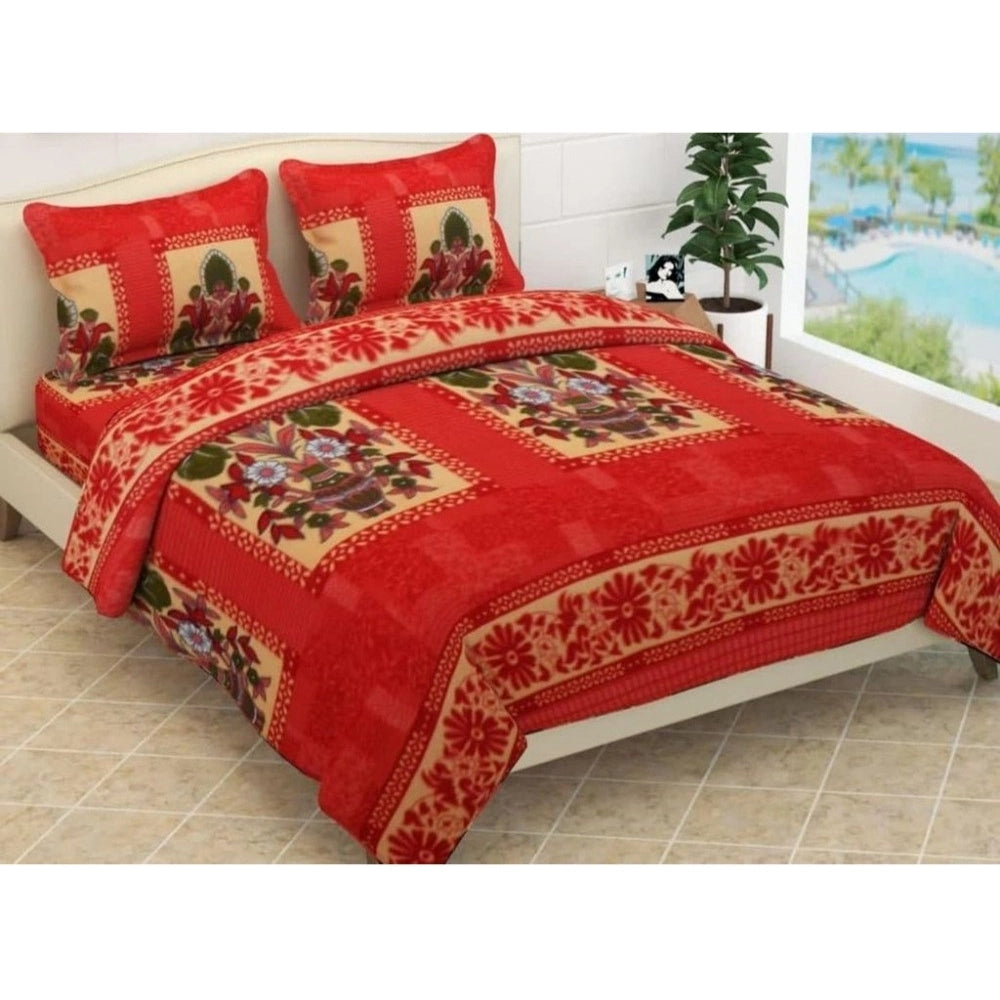 Snuggle Lifestyle Co. Fleece Floral Printed Double Polar Warm Bedsheet with 2 Pillow Cover (Red)
