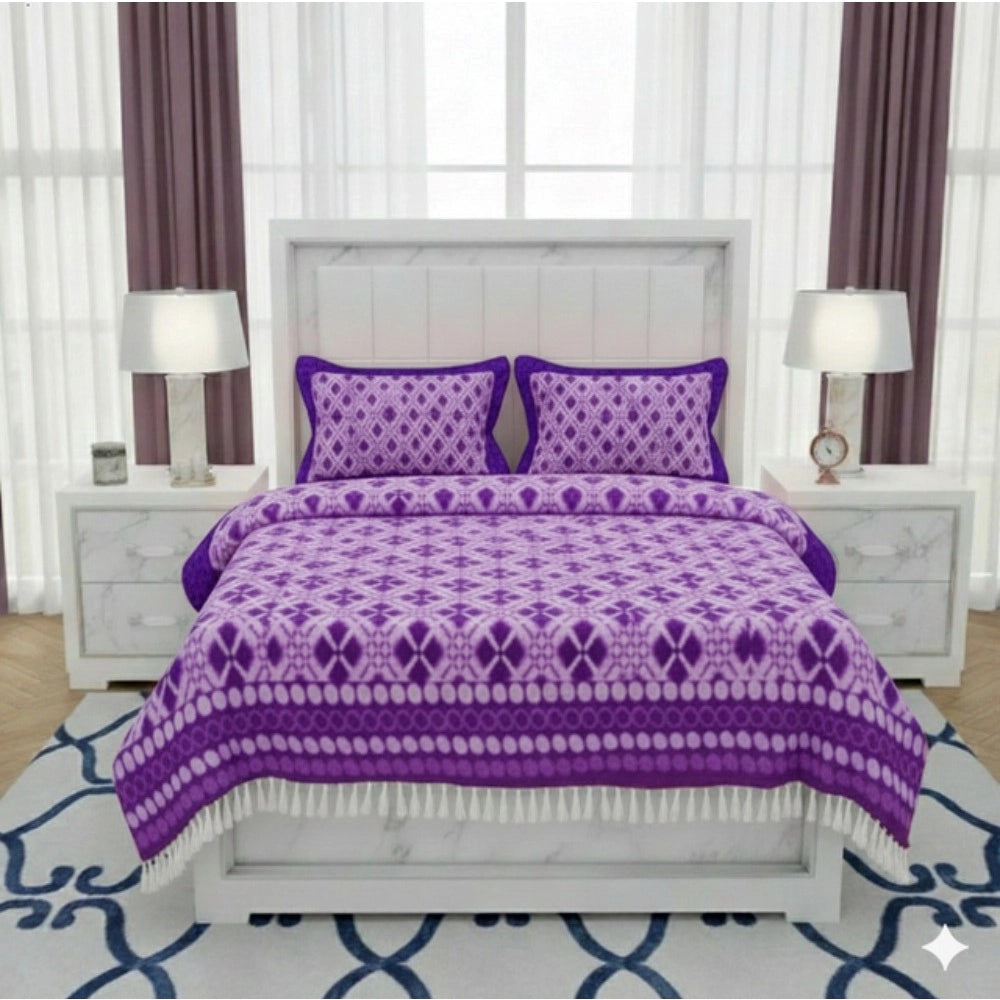 Snuggle Lifestyle Co. Fleece Geometric Double Polar Warm Bedsheet with 2 Pillow Cover (Purple)