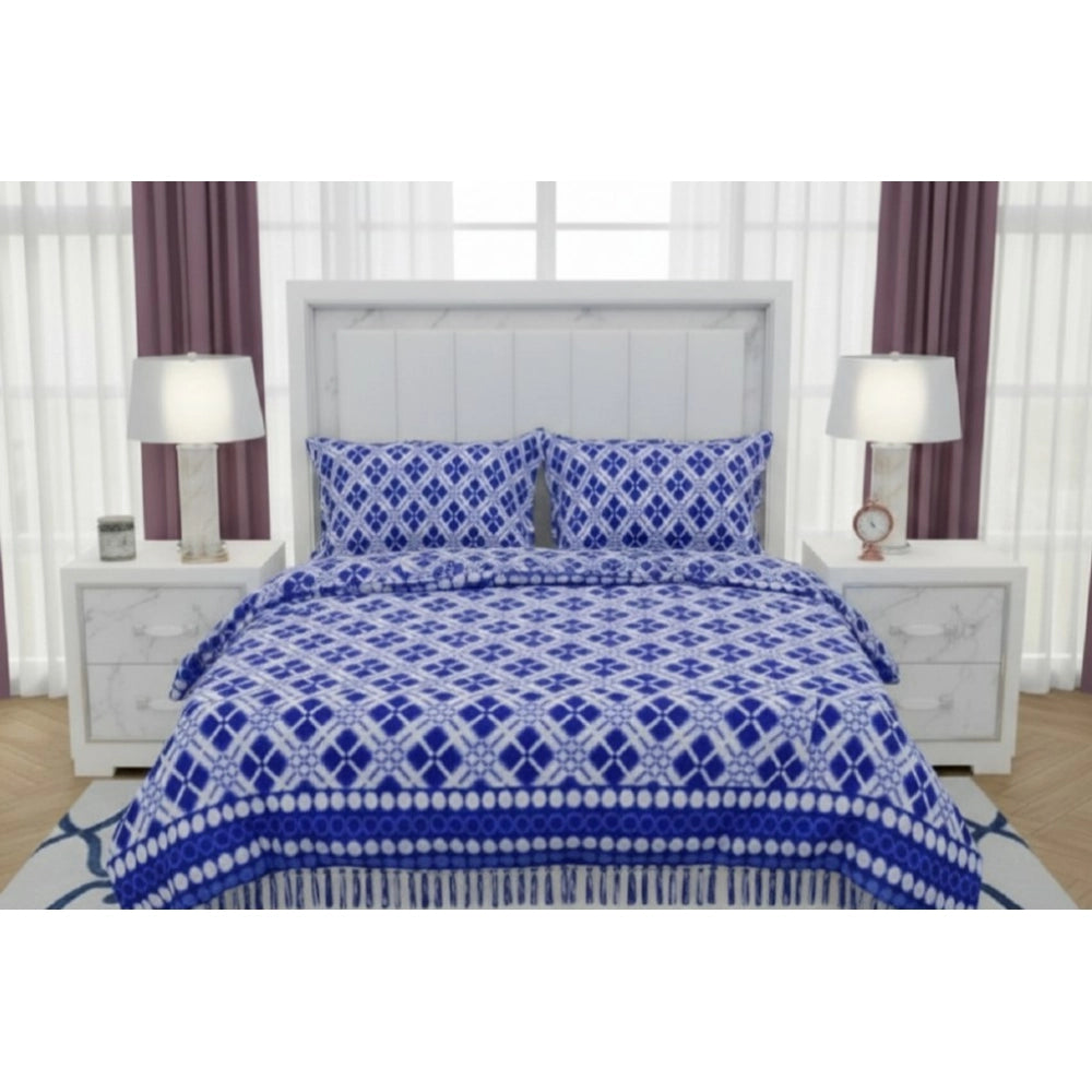 Snuggle Lifestyle Co. Fleece Geometric Double Polar Warm Bedsheet with 2 Pillow Cover (Blue)