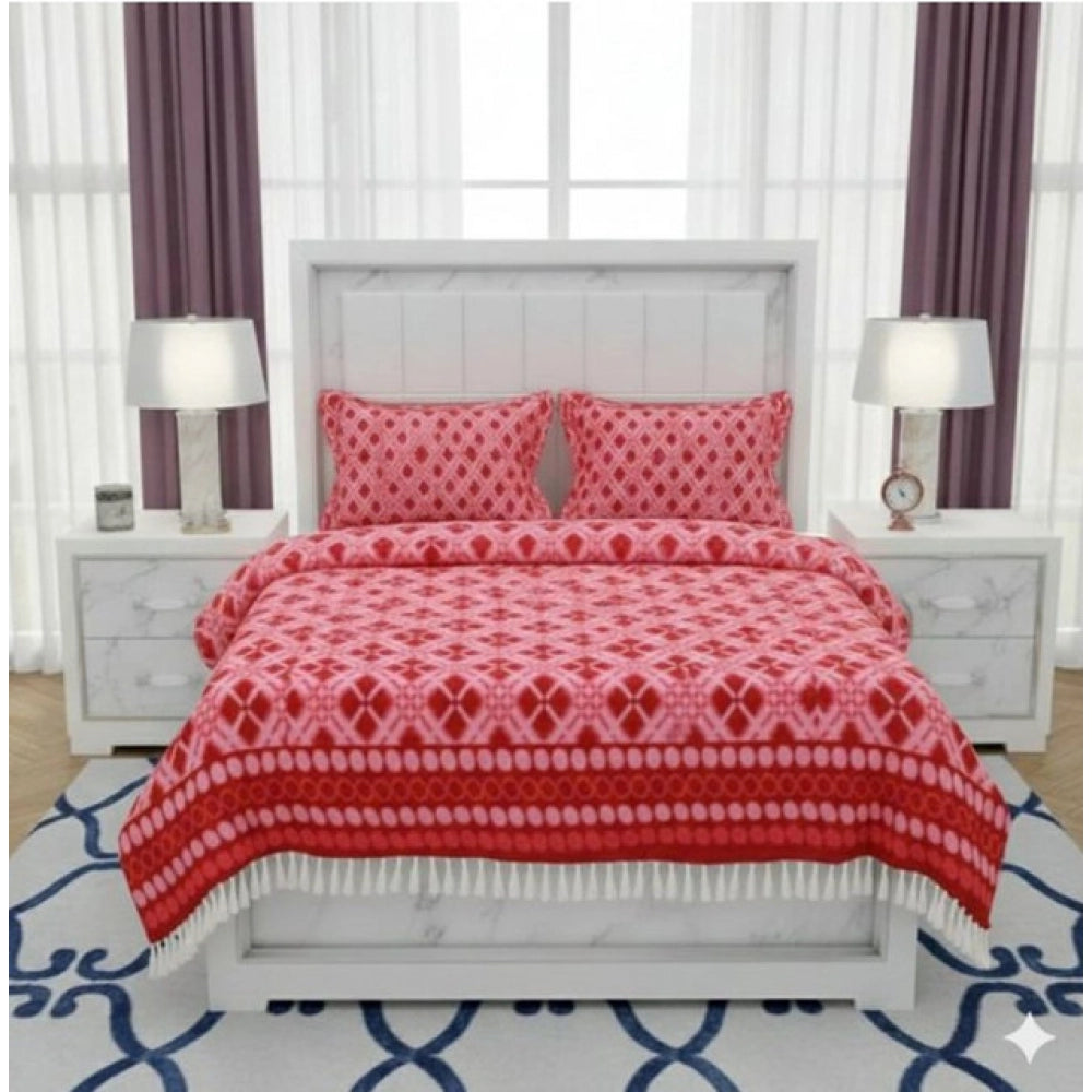 Snuggle Lifestyle Co. Fleece Geometric Double Polar Warm Bedsheet with 2 Pillow Cover (Red)