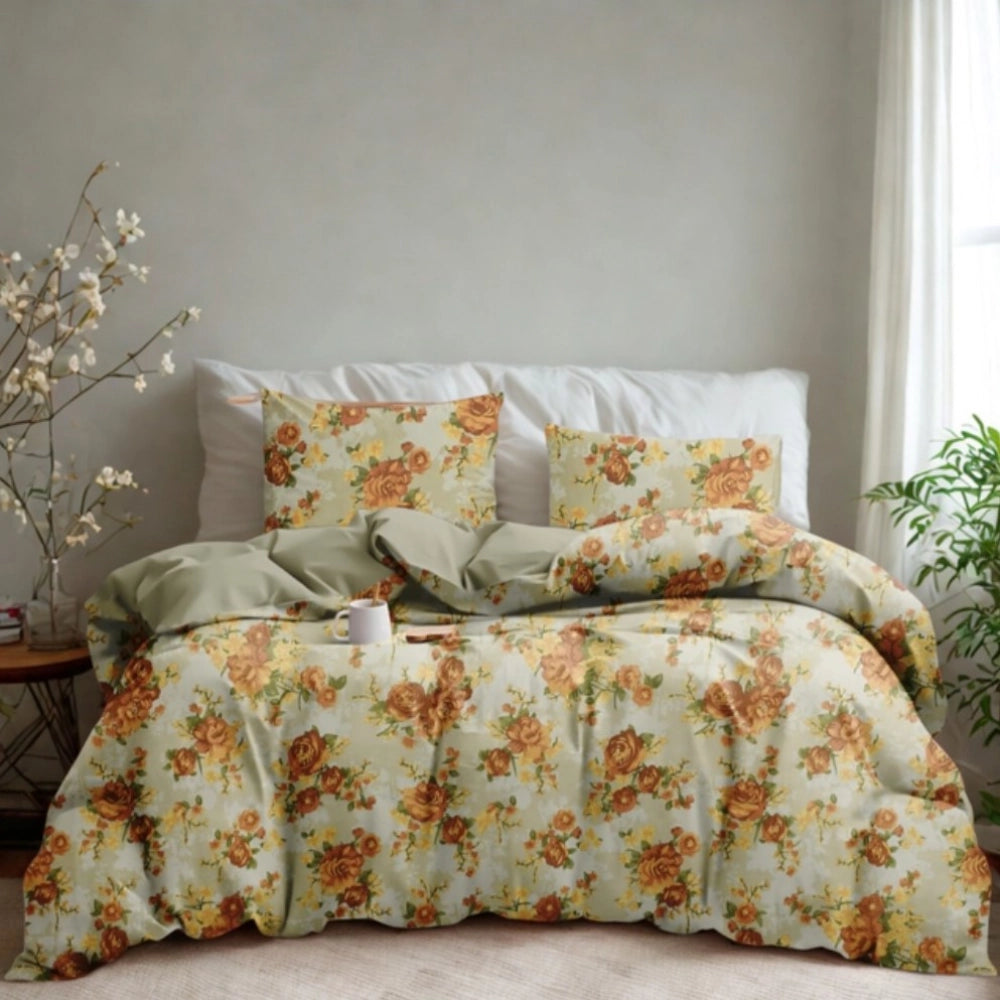 Snuggle Lifestyle Co. Microfiber Floral Printed Double Bedsheet with 2 Pillow Covers (Beige)