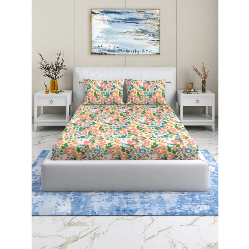Snuggle Lifestyle Co. Cotton Blend Floral Printed Double Bedsheet with 2 Pillow Covers (Yellow)