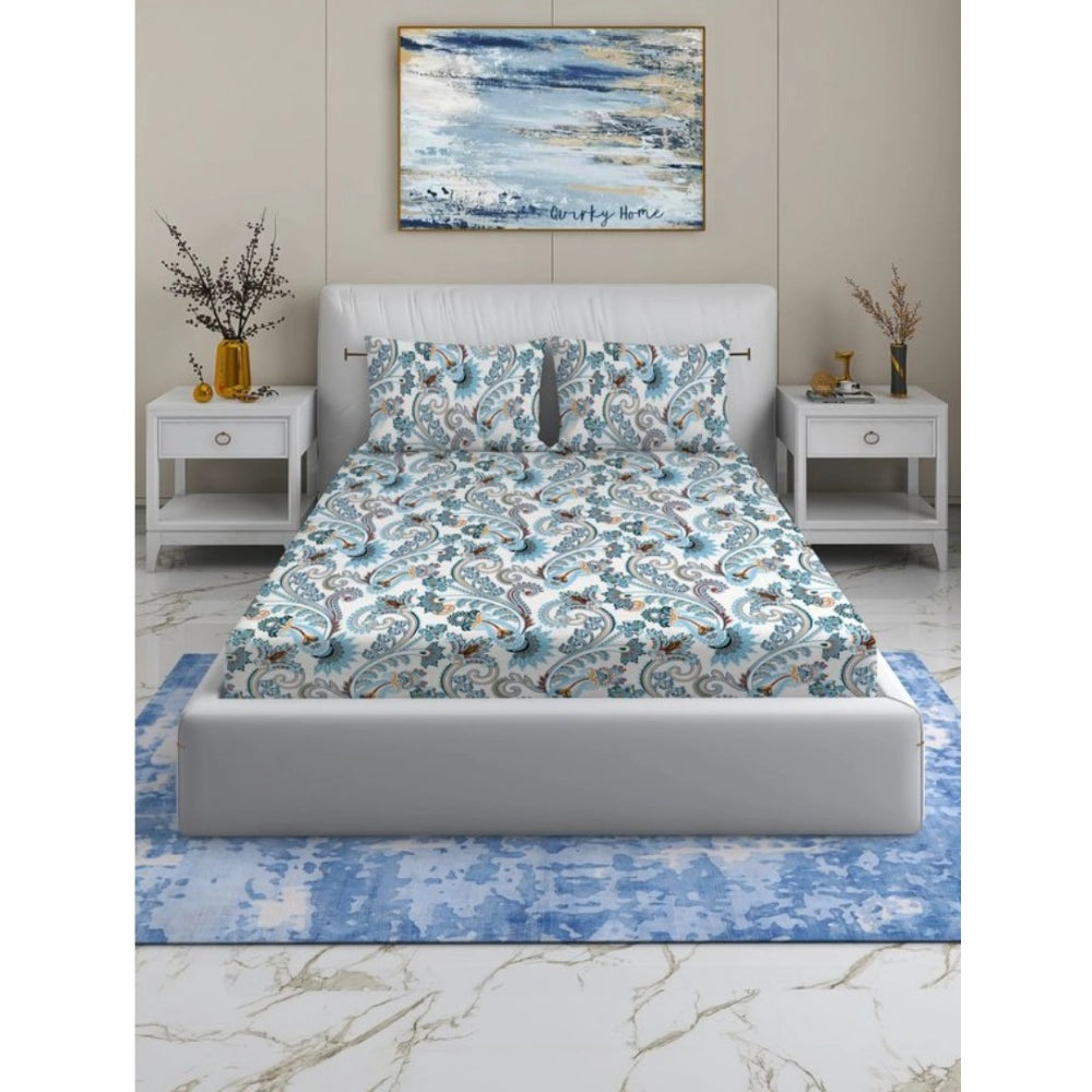Snuggle Lifestyle Co. Cotton Blend Floral Printed Double Bedsheet with 2 Pillow Covers (White)