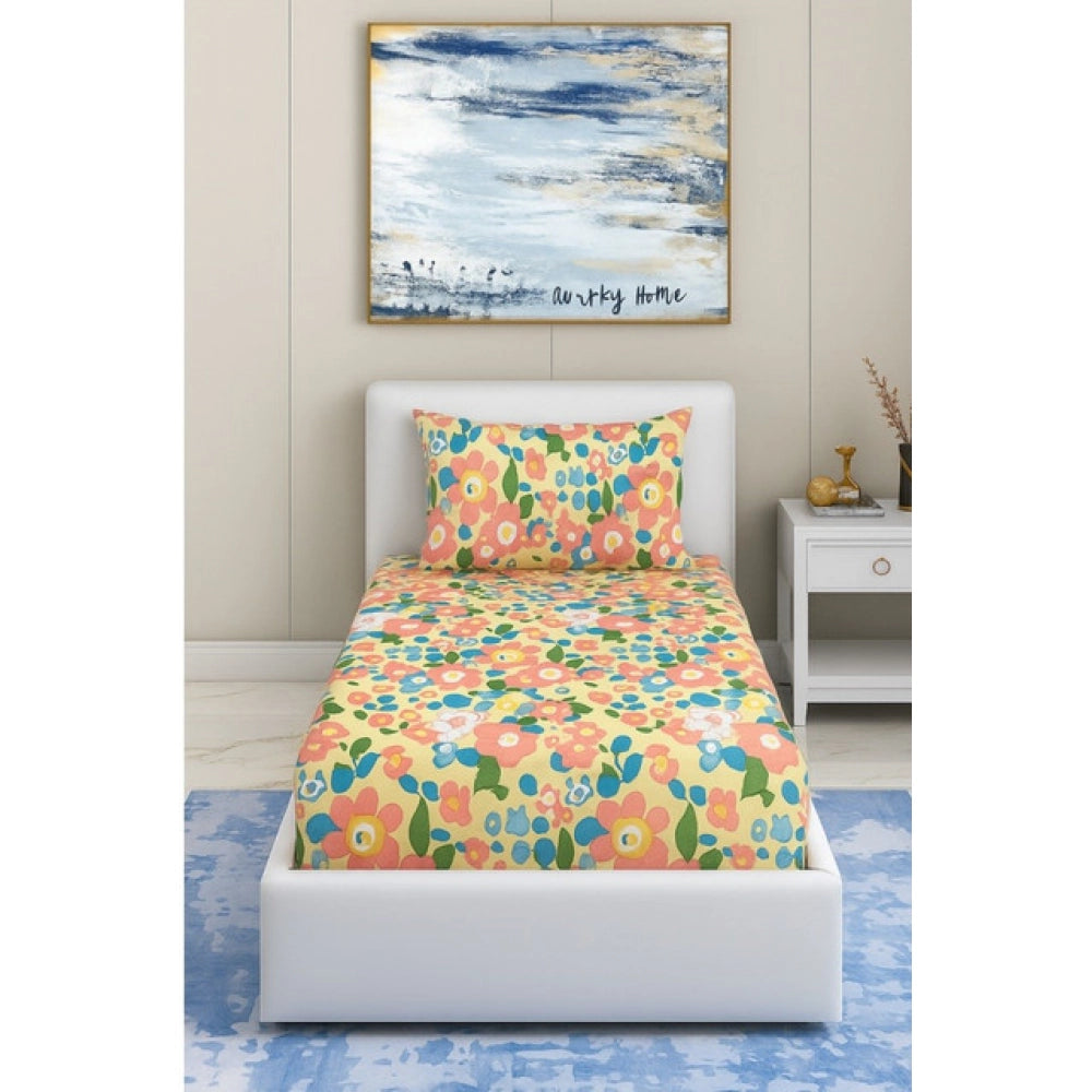 Snuggle Lifestyle Co. Cotton Blend Floral Printed Single Bedsheet with 1 Pillow Cover (Yellow)